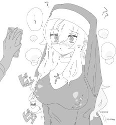 ass blush breasts breath bugmenotencore_(translator) clothed confused cross erect_nipples erect_nipples_under_clothes eyebrows_visible_through_hair femsub ga9 greyscale hard_translated hypnotic_screen japanese_text jewelry long_hair monochrome necklace nipples nun original phone simple_background speech_bubble tech_control translated veil white_background