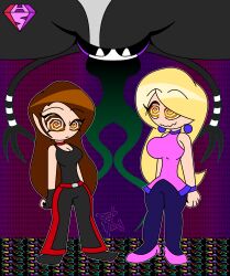  aged_up alternate_costume blonde_hair bracelet brown_eyes brown_hair charlotte_emily choker confused dual_persona earrings eyebrows_visible_through_hair eyelashes female_only femdom femsub fingerless_gloves five_nights_at_freddy's happy_trance hypnoscream jessica_(fnaf) large_breasts long_hair monster_girl multicolored_hair multiple_girls multiple_subs pants puppet_(fnaf) shirt simple_background spiralwash_eyes standing wide_hips 