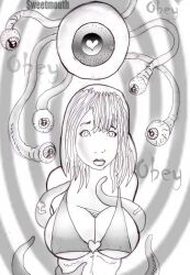 absurdres bikini cleavage empty_eyes femsub greyscale heart heart_eyes monochrome monster original short_hair sweetmouth symbol_in_eyes tentacles text traditional