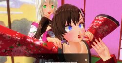 3d blue_eyes breasts brown_hair crossed_eyes dialogue female_only femsub green_eyes happy_trance japanese_clothing kamen_writer_mc kimono large_breasts mc_trap_town multiple_girls multiple_subs ponytail screenshot spiral_eyes symbol_in_eyes text twintails white_hair