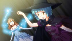 aliensdideverything_(manipper) blue_hair breasts brown_hair crown female_only femdom femsub glasses glowing glowing_eyes hat jewelry long_hair magic magic_wand manip open_mouth short_hair smile witch_hat yellow_eyes