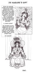 ahoge black_hair breasts comic curly_hair dollification empty_eyes eshie femsub greyscale human_puppet hypno-tan large_breasts long_hair mask monochrome original puppet text