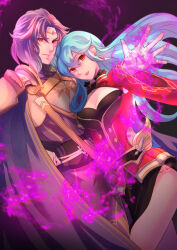 1boy 1girl alternate_costume aqua_hair aura breasts capelet circlet cleavage cleavage_cutout cloak clothing_cutout corruption dark_persona earrings eirika_(fire_emblem) fire_emblem fire_emblem:_the_sacred_stones fire_emblem_heroes fomortiis_(fire_emblem) glowing glowing_eyes hair_between_eyes heart highres intelligent_systems jewelry long_hair long_sleeves looking_at_viewer lyon_(fire_emblem) magic nail_polish nails nintendo outstretched_arm pooh920 possessed possession purple_hair red_eyes riou_(pooh920) side_slit sidelocks skirt white_skirt