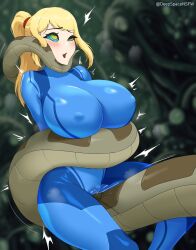  blonde_hair bodysuit breasts cameltoe chin_hold cleavage coils crotch_rub deepspaceart disney erect_nipples_under_clothes eye_roll femsub huge_breasts kaa kaa_eyes latex long_hair metroid_(series) nintendo open_mouth outdoors ponytail pussy_juice restrained samus_aran tagme the_jungle_book trembling 