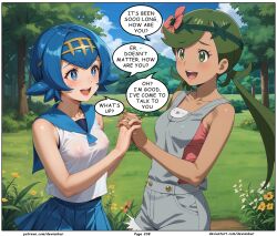  ai_art blue_hair dark_skin devianbar dialogue green_hair lana_(pokemon) long_hair mallow_(pokemon) nintendo pokemon short_hair text 