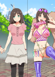  altered_common_sense ass bare_shoulders before_and_after breasts brown_hair cleavage dildo erect_nipples femsub green_eyes happy_trance huge_breasts hypnotic_cuckolding licking long_hair looking_at_viewer mizuryuu_kei netorare open_mouth original sex_toy skirt sling_bikini smile tongue tongue_out 