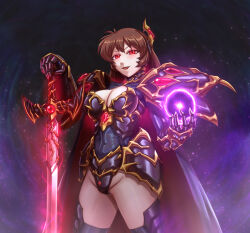 alternate_costume armor aura bozel_(langrisser) breasts brown_hair cape cleavage corruption evil_smile femsub freya_(langrisser) gauntlets glowing glowing_eyes happy_trance langrisser leebigtree long_hair magic open_mouth orb possession red_eyes smile sword thighhighs thighs weapon