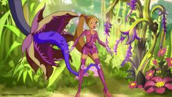  animated animated_gif bodysuit boots breasts brown_hair dark_skin dazed fitzoblong flora_(winx_club) knee-high_boots long_hair spiral_eyes symbol_in_eyes winx_club 
