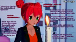 3d candle consensual dialogue empty_eyes english_text green_eyes hair_buns hypnotic_fire hypnotic_light hypnovember koikatsu! liz_b original red_hair text veronica_(liz_b) willow_(liz_b)