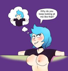 blue_hair breasts female_only large_breasts original shirt_lift smile solo text thought_bubble unaware