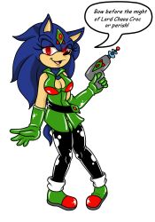 blue-zoner breasts chaoscroc_(character) cleavage corruption feminization femsub furry genderswap high_heels latex raygun red_eyes sonic_the_hedgehog sonic_the_hedgehog_(series) tech_control text transformation