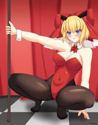 bangs blonde_hair blue_eyes bunny_ears bunny_girl bunnysuit cleavage cuffs expressionless fake_animal_ears female_only femsub idun_(shin_megami_tensei) open_mouth pantyhose pole_dancing ribbon shin_megami_tensei shin_megami_tensei_v short_hair signature spiral_eyes spread_legs squatting stage symbol_in_eyes tagme yakai