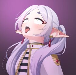 drool earrings elf elf_ears female_only femsub frieren frieren:_beyond_journey&#039;s_end green_eyes maozi_dan purple_background solo tongue tongue_out white_hair
