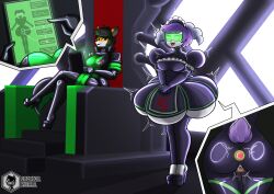 ahegao ass ass_focus ayuko_(jcroth) black_hair black_lipstick bodysuit boots butt_plug creator_world crossed_legs dildo drool eye_roll female_only femdom femsub fox_ears fox_girl furry gloves goat_girl high_heels horns indeedee latex lipstick maid maid_headdress nintendo orgasm orgasm_command original pokemon pokemon_(creature) purple_hair pussy pussy_juice short_hair sitting smile standing standing_at_attention tail tech_control tongue tongue_out uniform vibrator visor zyla_(zylogaroh)