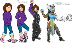 before_and_after bodysuit brown_hair comic dark_skin female_only femsub hoodie mask original overwatch pink_eyes prosthetic_limb shennanigma symbiote symmetra text transformation transparent_background
