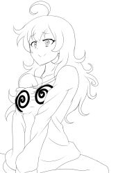 absurdres ahoge breasts curly_hair female_only femsub greyscale happy_trance hypno-tan large_breasts long_hair myuk original simple_background sitting smile spiral spiral_eyes symbol_in_eyes white_background