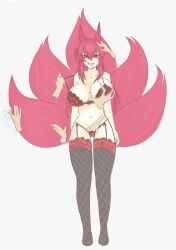 anno_(anno) breasts cleavage drool empty_eyes female_only femsub fox_ears fox_girl fox_tail groping happy_trance hypnopng kitsune_girl large_breasts lingerie long_hair open_mouth original petting phantom_hand red_eyes red_hair smile solo 