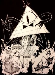 absurdres bill_cipher corruption cyclops dipper_pines disney empty_eyes gravity_falls greyscale hat inkbean male_only maledom malesub nuclear_throne open_mouth possession short_hair western y.v.