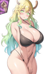  absurdres bangs bikini_bottom bikini_top blonde_hair blush breasts cleavage coin collarbone dragon_girl expressionless eyebrows_visible_through_hair female_only femsub glowing_eyes green_eyes green_hair horns huge_breasts jasony large_hips long_hair looking_at_viewer manip miss_kobayashi&#039;s_dragon_maid misterman4_(manipper) multicolored_hair navel open_mouth pendulum quetzalcoatl_(maidragon) simple_background solo spiral spiral_eyes swimsuit symbol_in_eyes tagme white_background 