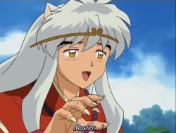 crown dog_ears hypnotic_accessory inuyasha inuyasha_(series) jewelry long_hair male_only malesub screenshot white_hair