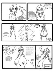  breast_expansion breasts comic crazycowproductions femsub greyscale huge_breasts hyper_breasts maledom monochrome spiral_eyes symbol_in_eyes text traditional 