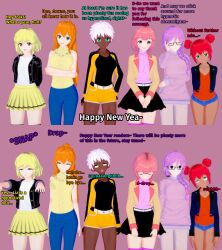 3d amber_(liz_b) blonde_hair blue_eyes braid brain_drain consensual dark_skin dialogue drool empty_eyes english_text eye_roll female_only femdom femsub finger_snap freckles glasses green_eyes hailey_(liz_b) hair_buns happy_trance jean_shorts jeans julie_(liz_b) koikatsu! latina limp lipstick liz_(liz_b) liz_b miss_hypnos_(liz_b) multiple_girls multiple_subs nail_polish orange_eyes orange_hair original pink_eyes pink_hair ponytail purple_hair red_hair skirt sleeping smile text tomboy tongue_out veronica_(liz_b) white_hair willow_(liz_b)