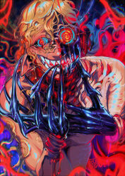 blackberreh blonde_hair blood corruption curly_hair distortion_(the_magnus_archives) male_only malesub michael_shelley monster monster_boy smile solo spiral_eyes the_magnus_archives transformation