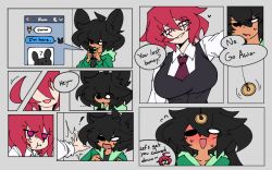  ahoge black_hair blush bunny_boy bunny_ears comic femdom grey_background heart heterochromia hoodie large_breasts malesub original pendulum phoebe_(nowhere) phone pink_eyes red_hair short_hair simple_background suit sweat tan_skin text tie woot woot_(woot) 