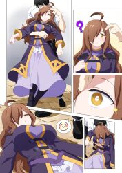  absurdres ahoge blush breasts brown_eyes brown_hair clothed comic confused dress etlabsotwe expressionless femsub finger_to_forehead gradient_background kono_subarashii_sekai_ni_shukufuku_wo! large_breasts limp long_hair maledom preview right_to_left sleeping speech_bubble surprised trigger wiz_(konosuba) 