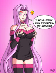 alerith bare_shoulders breasts choker cleavage command_seal dialogue drool english_text facial_markings fate/grand_order fate/stay_night fate_(series) femsub happy_trance holding_breasts large_breasts long_hair medusa_(fate) medusa_(rider)_(fate) open_mouth pendulum pink_background purple_hair smile speech_bubble spiral spiral_eyes symbol_in_eyes text thighhighs thighs