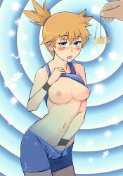  blue_eyes blush breasts coin eljimadooor femsub fingering large_breasts misty nintendo nipples orange_hair pendulum pokemon short_hair simple_background sweat swimsuit 