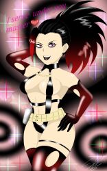  absurdres belt black_lipstick breasts corruption dialogue eyeshadow female_only femsub gloves happy_trance lipstick long_hair looking_at_viewer lorddandan momo_yaoyorozu multicolored_hair my_hero_academia opera_gloves pink_eyes ponytail pov pov_dom solo text thighhighs 