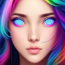  ai_art female_only femsub flibertygibbet_(generator) looking_at_viewer original rainbow_hair spiral_eyes stable_diffusion_(ai) symbol_in_eyes 