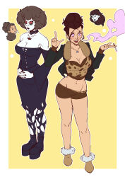 boots bra chav cigarette collar dress earrings efalabrino expressionless eyeshadow female_only femsub goth hair_buns hypnotic_accessory hypnotic_smoke jacket leopard_print lipstick lowri_lushe_(sleepyheadrequiem) makeup multiple_girls necklace original pale_skin piercing short_hair shorts shrunken_irises sleepyhead97_(manipper) smoking tan_skin tights torn_clothes transformation vesper_nox_(ickypupper)