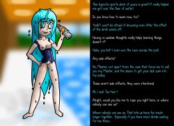  barefoot blue_hair breasts breasts_outside caption empty_eyes femsub gem_shardd green_eyes happy_trance hypnotic_drink hypnotic_drug long_hair nettimato one-piece_swimsuit open_clothes original school_swimsuit sketch swimsuit text torn_clothes wet 