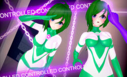 3d before_and_after blue_eyes blush bodysuit breasts chains empty_eyes expressionless female_only femdom femsub finger_to_forehead gloves glowing green_hair koikatsu! multiple_girls open_mouth original personification ponytail qian_yejue_(tama_yikuai_yu) saluting standing tama_yikuai_yu text tight_clothing ultraman