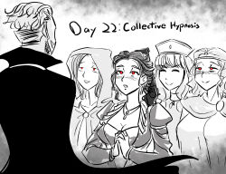 blush cape character_request cleavage closed_eyes collarbone copyright_request dress eyebrows_visible_through_hair femsub glowing_eyes hair_ornament happy_trance hat headband hoodie hypnovember jewelry long_hair majinsfw maledom multiple_girls multiple_subs necklace nun red_eyes shirt short_hair smile standing