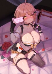  absurdres ahoge bare_shoulders bed blonde_hair blush bow breasts choker cleavage female_only femdom fingerless_gloves flower garter gloves hair_ornament heart_eyes hololive huge_breasts hypnotic_app in_the_mochi kneeling mel_yozora midriff navel short_hair short_shorts shorts smile solo symbol_in_eyes tech_control thick_thighs thighhighs thong v virtual_youtuber yellow_eyes 
