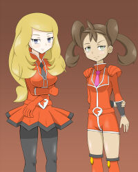  blonde_hair breasts brown_hair clothed corruption cosplay empty_eyes enemy_conversion female_only femsub happy_trance large_breasts long_hair mitsutake_tei nintendo pantyhose pokemon pokemon_x_and_y serena shauna small_breasts team_flare twintails 
