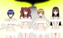 black_hair blue_hair bottomless breasts censored chie_satonaka expressionless female_only femsub glowing glowing_eyes headband holding_breasts large_breasts long_hair looking_at_viewer multiple_girls multiple_subs naoto_shirogane navel nude orange_hair persona_(series) persona_4 red_eyes red_hair rise_kujikawa sendy1992 short_hair simple_background standing standing_at_attention topless twintails yukiko_amagi