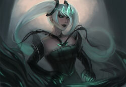 alternate_costume aura bare_shoulders black_lipstick black_sclera breasts clothed control_indicator corruption crown eye_color_change femsub gloves glowing glowing_eyes green_eyes hair_color_change league_of_legends lipstick looking_at_viewer maledom nortenrir opera_gloves pale_skin possession ruination smoke sona_(league_of_legends) twintails very_long_hair viego_(league_of_legends) white_hair