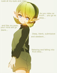 elf_ears female_only femdom looking_at_viewer looking_back manip nintendo ocarina_of_time pov pov_sub saria short_hair text the_legend_of_zelda zeldaishot_(manipper)