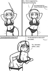  before_and_after blush bra breasts cleavage comic dancing dialogue expressionless female_only femsub greyscale harvestman_here midriff original pendulum ring_eyes simple_background swaying text underwear undressing undressing_command white_background 