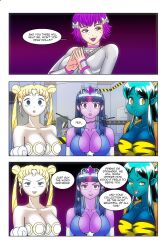  bare_shoulders blue_eyes blue_skin border bow brown_eyes cleavage comic crossover crown dialogue elf_ears empty_eyes english_text equestria_girls evil_smile expressionless facial_markings freckles hair_buns hair_ornament horns kimberly_smith_(daveyboysmith9) large_breasts midriff multicolored_hair multiple_girls my_little_pony princess purple_eyes purple_hair purple_skin royalty sailor_moon sailor_moon_(series) short_hair smile speech_bubble story text twilight_sparkle urusei_yatsura wadevezecha yellow_eyes 