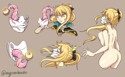  absurdres ass blonde_hair blue_eyes bottomless bow empty_eyes face_mask femsub genshin_impact hair_ribbon jean_gunnhildr long_hair maysomehowbe nude parasite pink_eyes ponytail possession red_eyes signature simple_background slit_pupils tears tied_hair topless yellow_sclera 