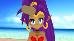  3d animated bare_shoulders beach blue_eyes dark_skin earrings elf_ears eyelashes female_only femsub genie happy_trance headdress heavy_eyelids long_hair open_mouth outdoors pendulum pocket_watch ponytail purple_hair shantae shantae_(series) smile solo spiral_eyes spiralwash_eyes standing tongue video vynil 