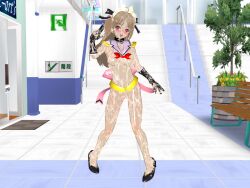  3d 3d_custom_girl ahoge alternate_color_scheme belt blush bottomless brown_hair clothed_exposure collar empty_eyes female_only femsub gloves happy_trance heart heart_eyes looking_at_viewer magical_girl mahou_senshi_sweet_knight open_mouth purple_eyes ribbon ririko_nanase saihate_no_majo shoes smile solo standing symbol_in_eyes topless twintails unusual_cum wet 