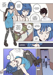 black_hair blue_hair boots bracelet choker collarbone comic dialogue dress efalabrino femsub glasses goth heavy_eyelids high_heels joker_(persona_5) leggings maledom necklace persona_(series) persona_5 short_hair sleep_command speech_bubble tae_takemi tagme text trigger