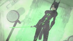  3d armor black_hair black_sclera blue_hair body_markings bodysuit complex_background dog_ears drone female_only femsub flower flower_in_hair glowing_eyes green_eyes koikatsu! latex lightsaber lipstick milena milena_(milena) original servile smoke symbol_in_eyes tail weapon wolf_girl 