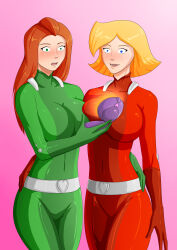  absurdres blonde_hair bodysuit breast_press breasts clover empty_eyes expressionless female_only femsub happy_trance hypnotic_screen large_breasts latex long_hair oo_sebastian_oo open_mouth red_hair sam short_hair shrunken_irises symmetrical_docking tech_control totally_spies 